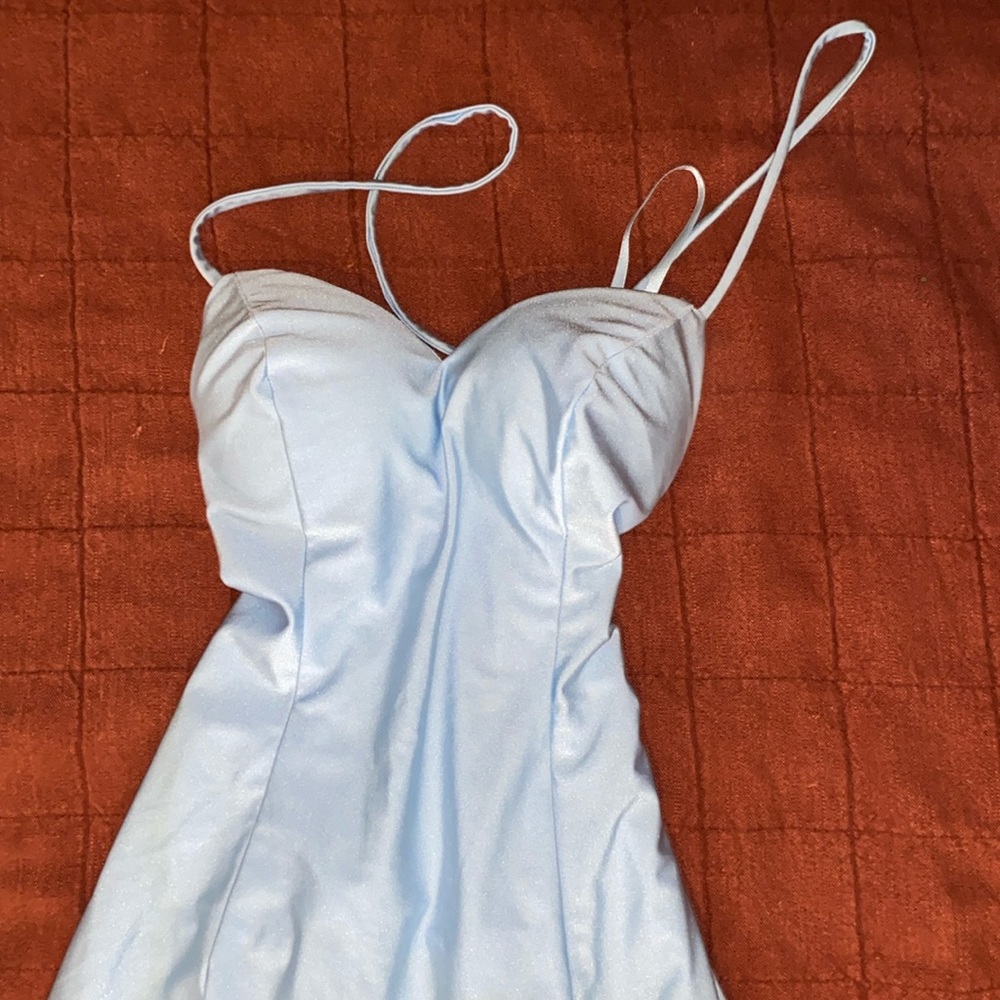 Women’s Blue Formal Dress Long Lace Back Strapless